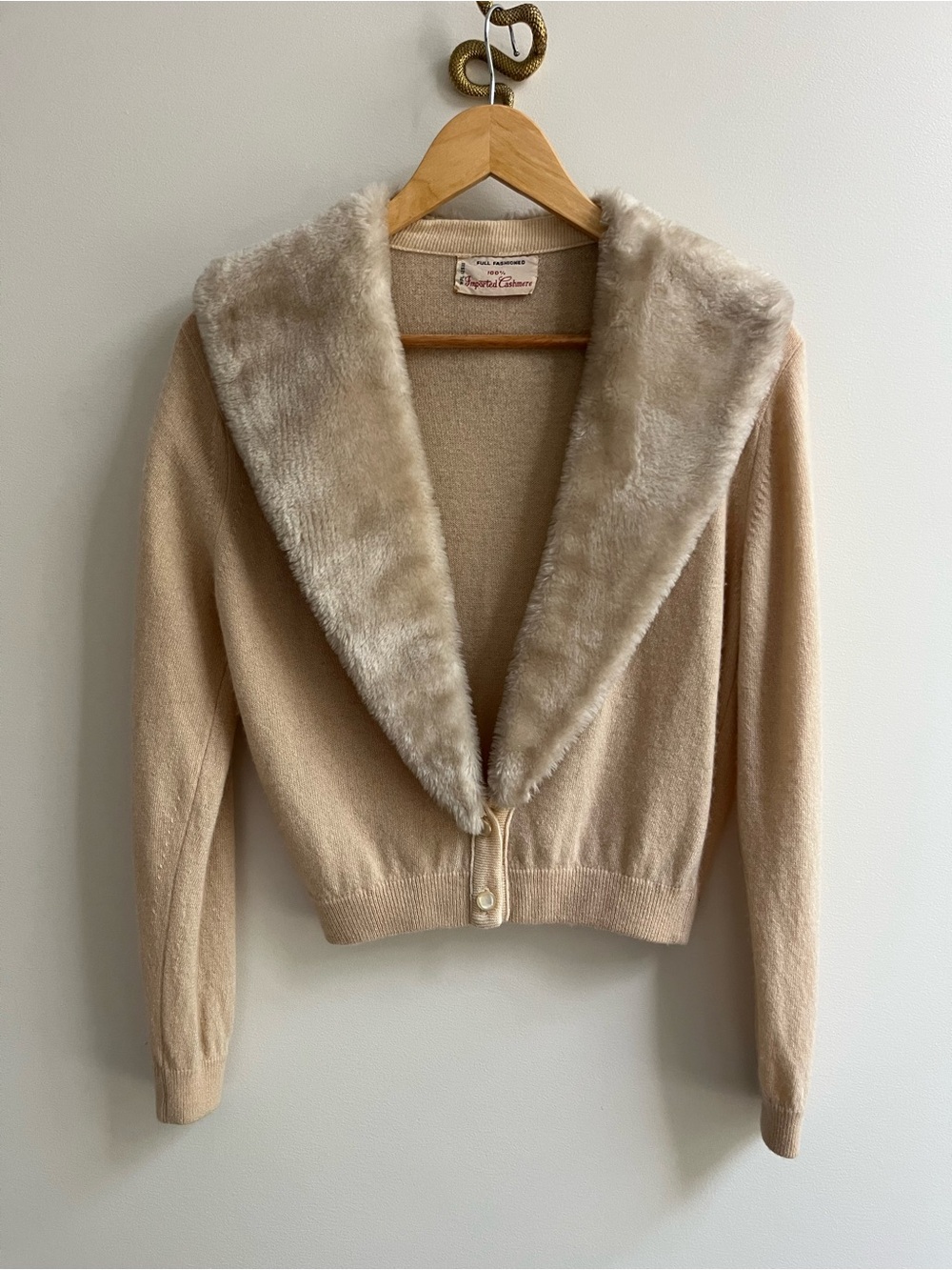 Vintage Custom 100% Cashmere Faux Fur Collar Cardigan Sweater Beige S